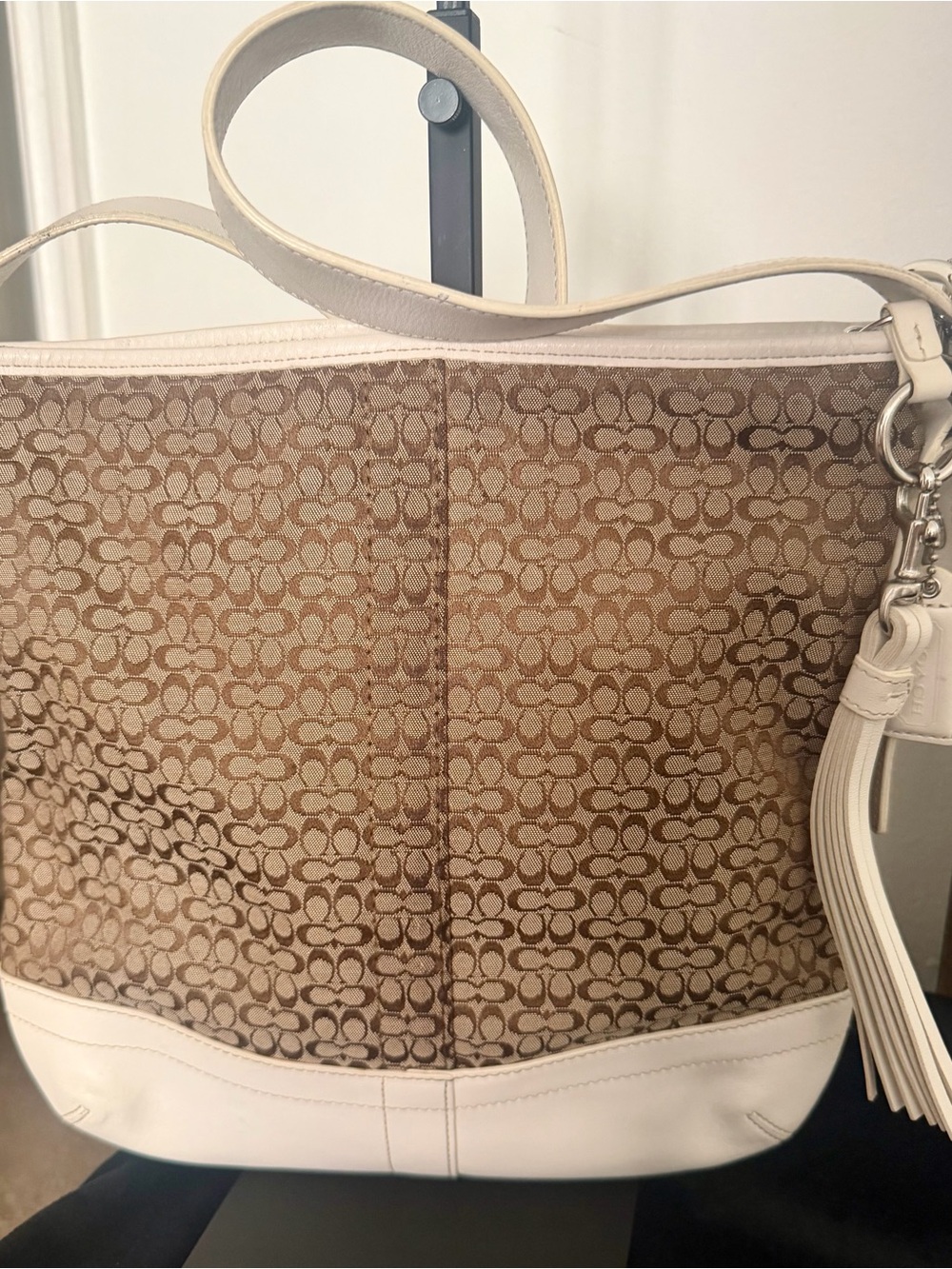 Coach Beige Signature Canvas Shoulder Bag with Chalk Trim